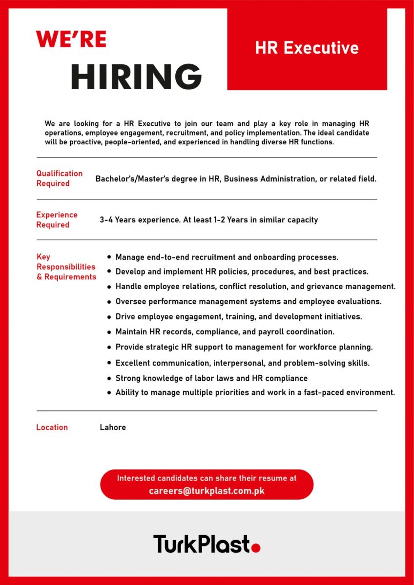 Turkplast Pvt Ltd Jobs HR Executive 1