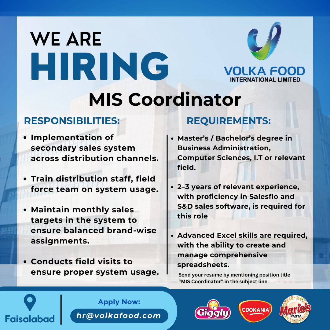 Volka Food International Limited Jobs MIS Coordinator 1