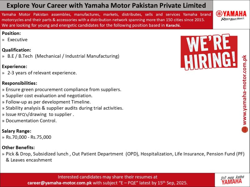 Yamaha Motor Pakistan Private Limited Jobs Executive 1