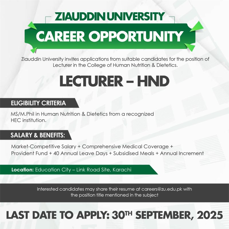 Ziauddin University Jobs Lecturer HND 1