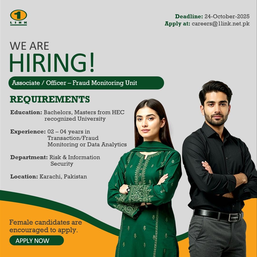 1Link Pvt Ltd Jobs Associate / Officer Fraud Monitoring Unit 1
