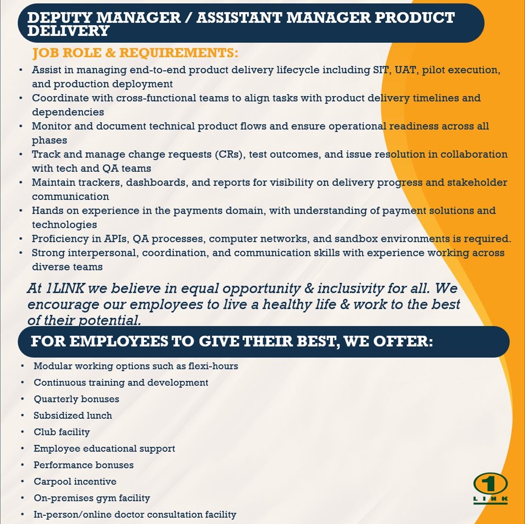 1Link Pvt Ltd Jobs Deputy Manager / Assistant Manager Product Delivery 2
