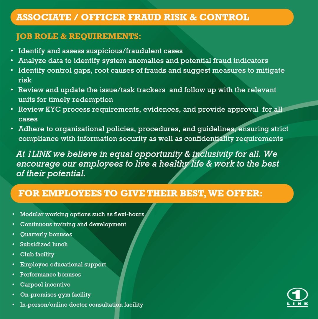 1Link Pvt Ltd Jobs Associate / Officer Fraud Monitoring Unit 2
