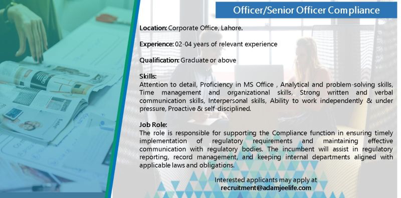 Adamjee Life Insurance Jobs Officer/Senior Officer Compliance 1
