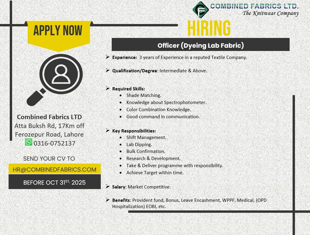 Combined Fabrics Limited Jobs Officer Dyeing Fabric Lab 1