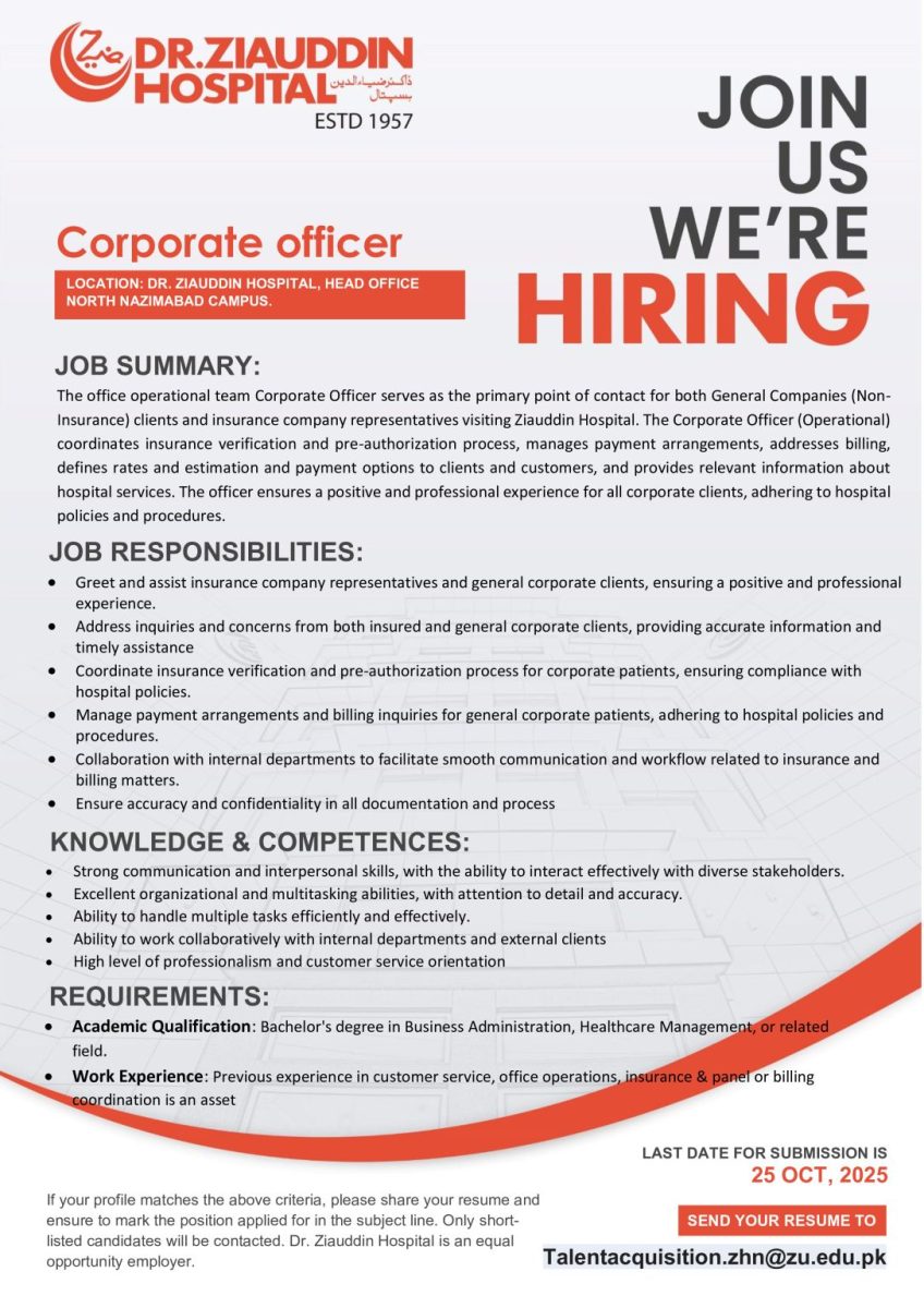 Dr Ziauddin Hospital Jobs Corporate Officer 1