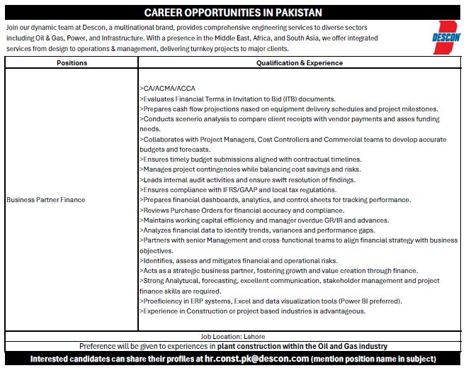 Descon Engineering Limited Jobs Business Partner Finance  1