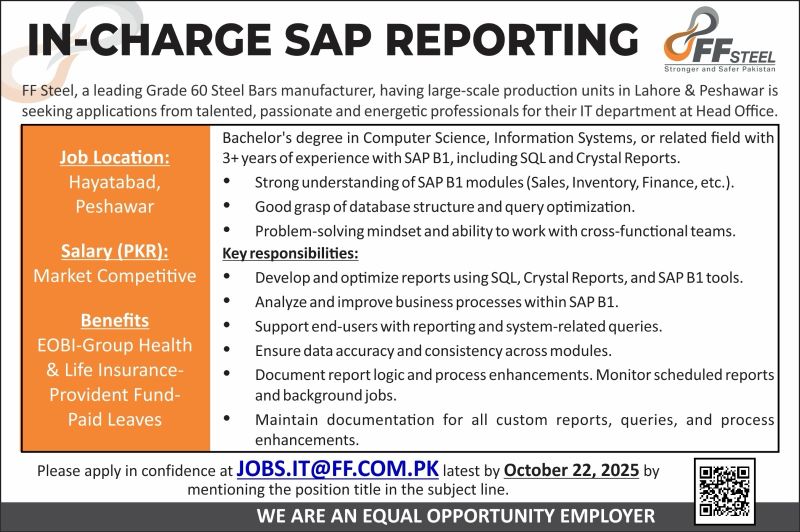 FF Steel Jobs Incharge SAP Reporting 1