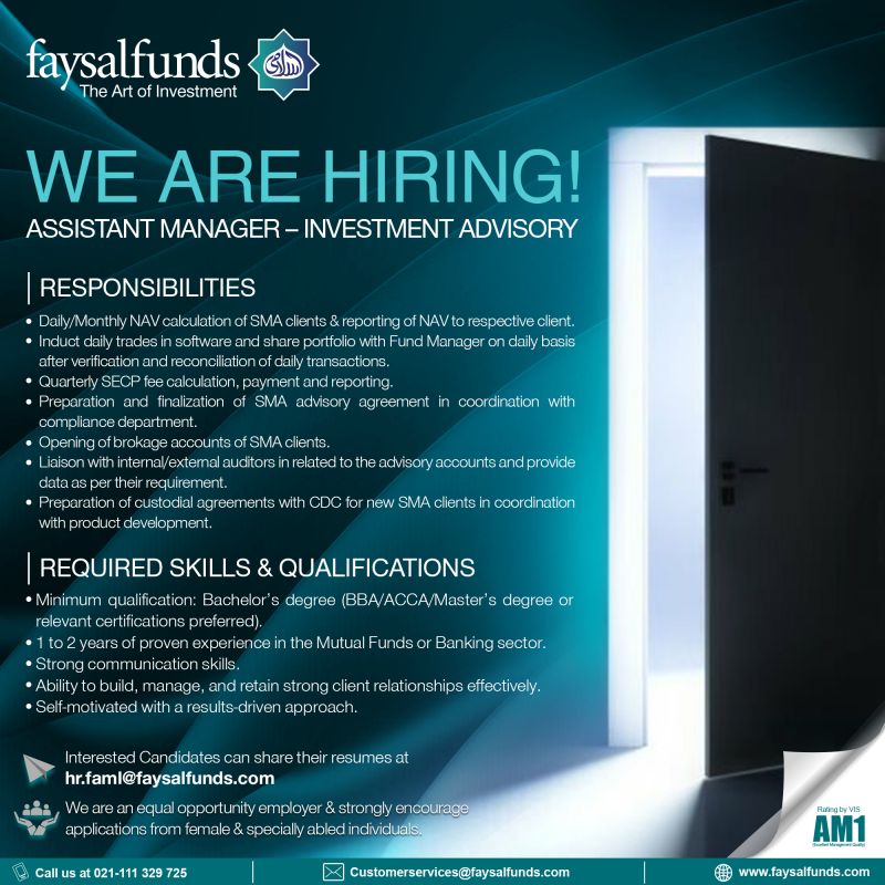 Faysal Funds Jobs Assistant Manager Investment Advisory 1