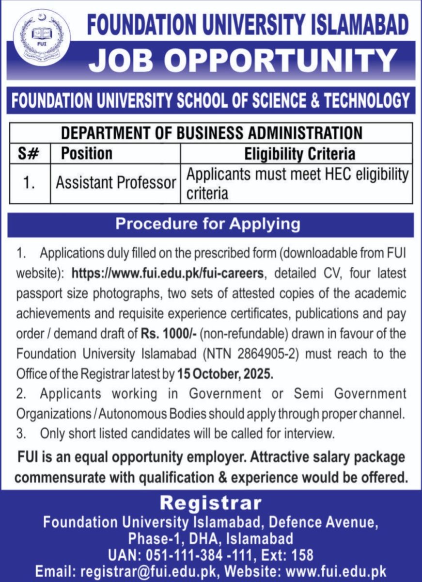 Foundation University School of Science & Technology Jobs Assistant Professor 1