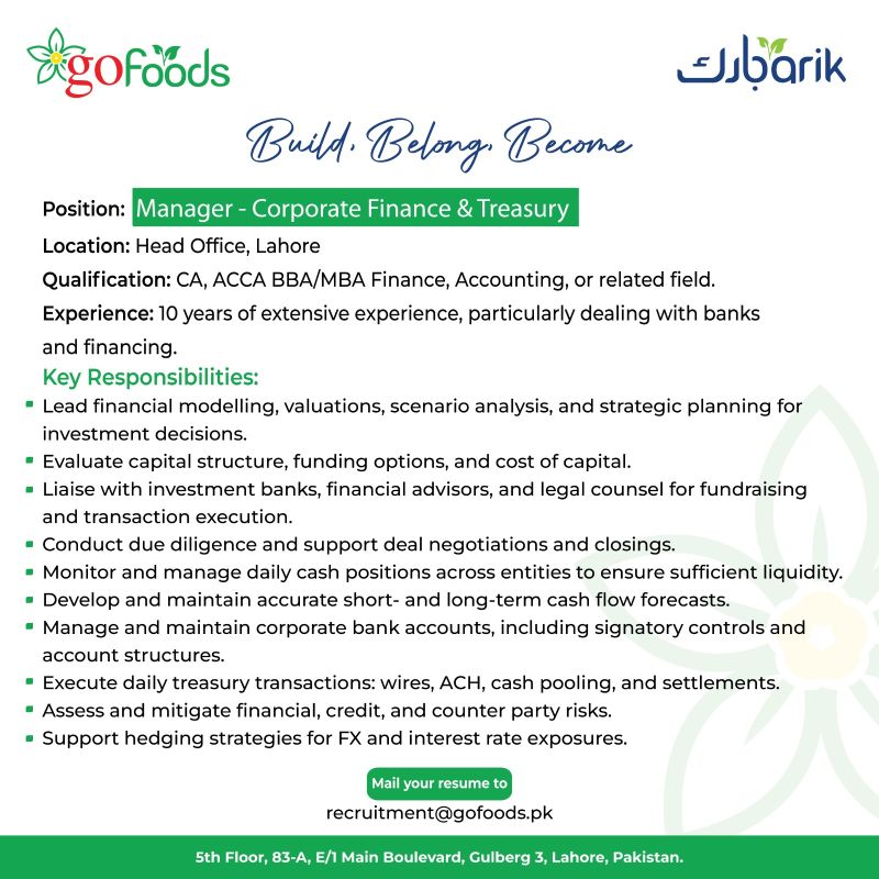 GO Foods Pakistan Jobs Manager Corporate Finance & Treasury 1