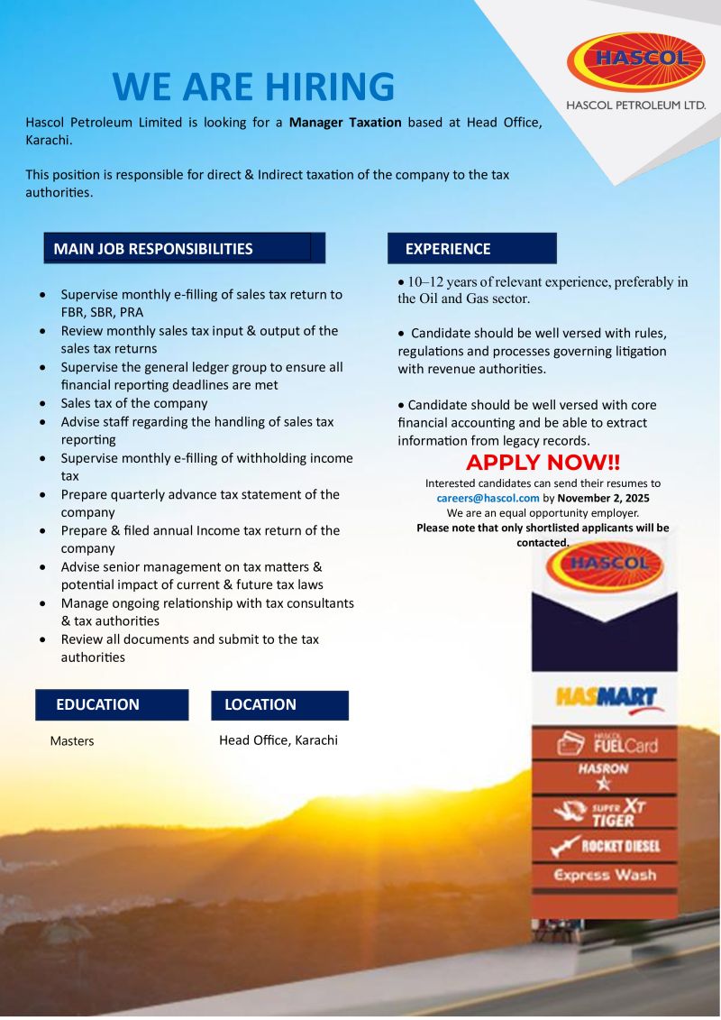 Hascol Petroleum Limited Jobs Manager Taxation 1