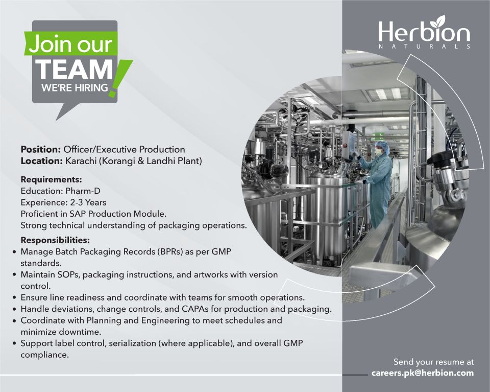 Herbion Naturals Jobs Officer / Executive Production 1