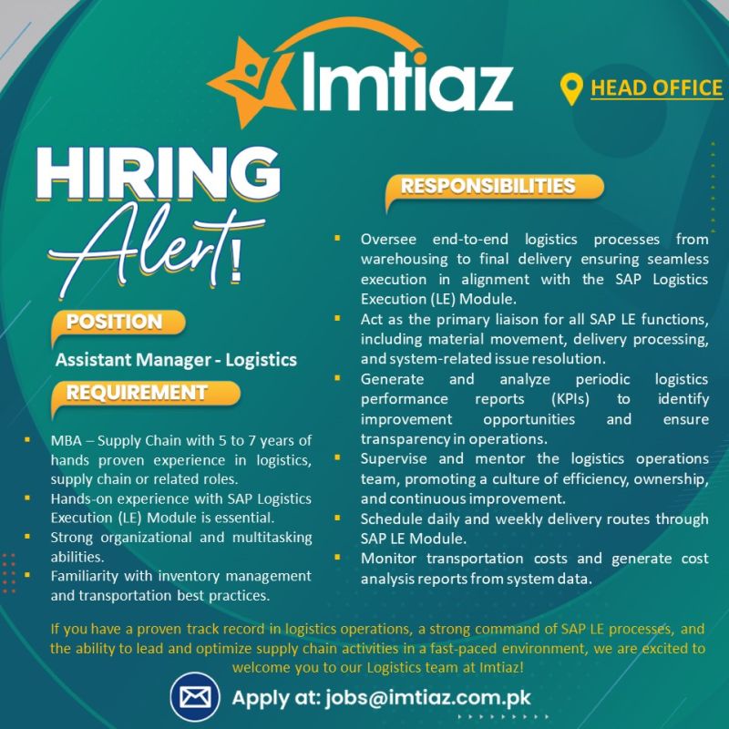 Imtiaz Super Market Jobs Assistant Manager Logistics  1