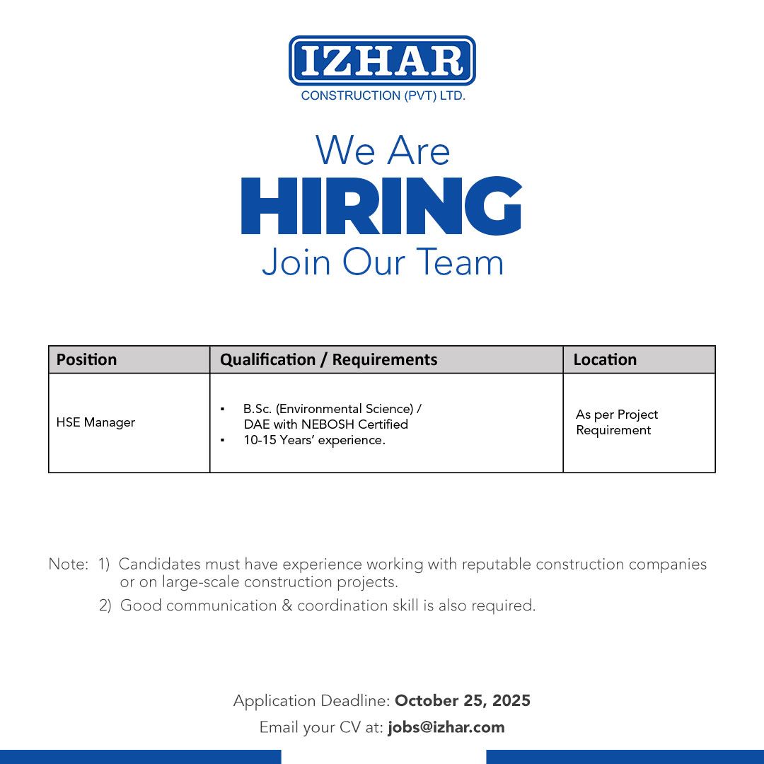 Izhar Construction Pvt Ltd Jobs HSE Manager 1