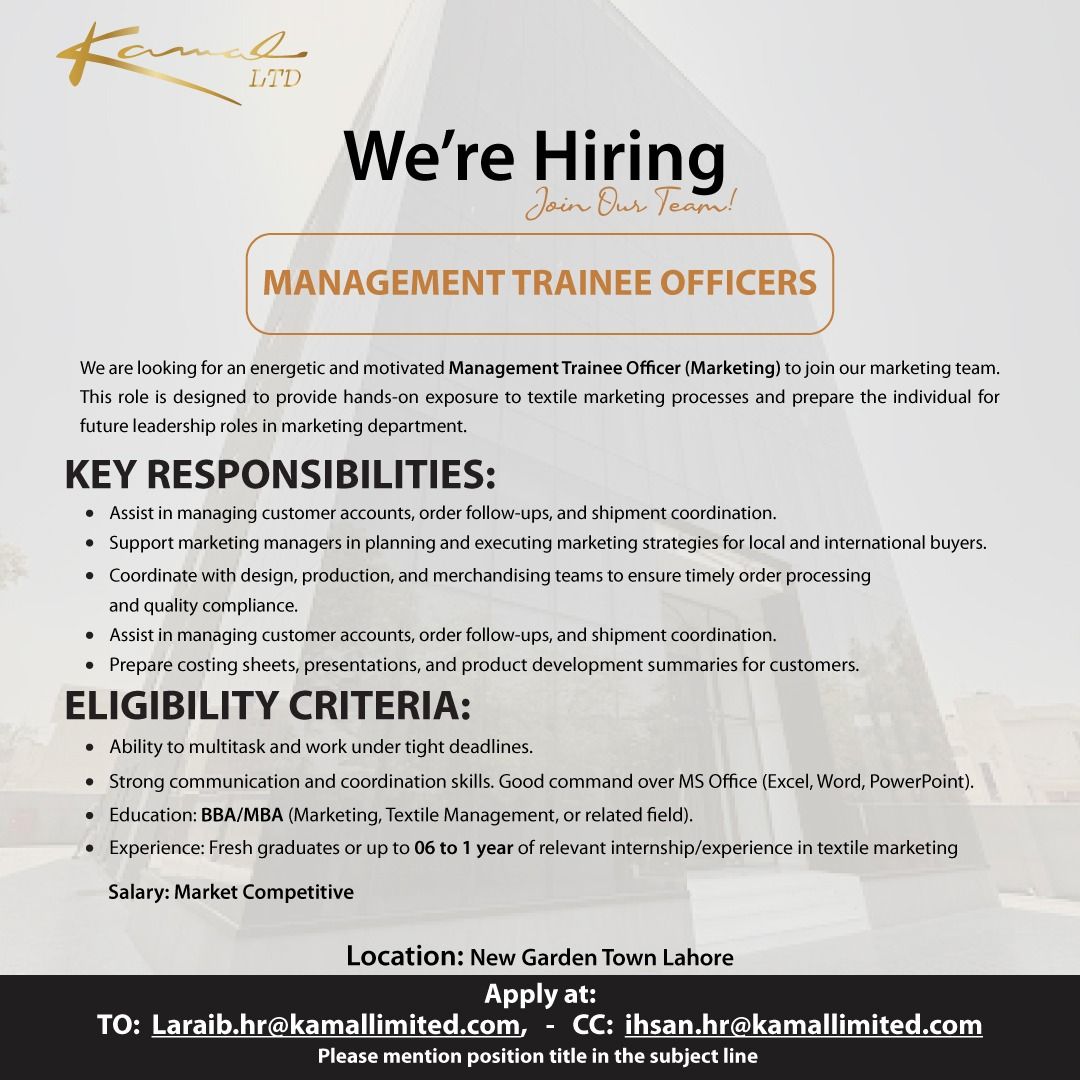 Kamal Limited Jobs Management Trainee Officers (Marketing) 1