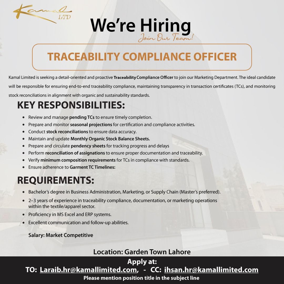 Kamal Limited Jobs Traceability Compliance Officer 1