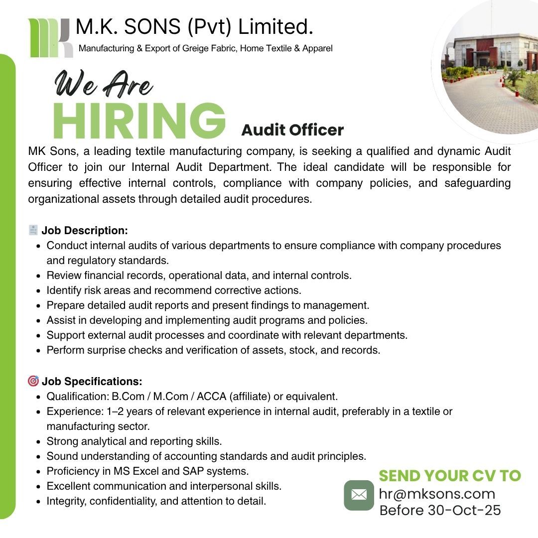 MK SONS (Pvt) Limited Jobs Audit Officer 1