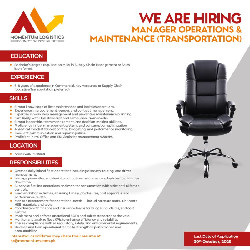 Momentum Logistics Pvt Ltd Jobs Manager Operations & Maintenance 1