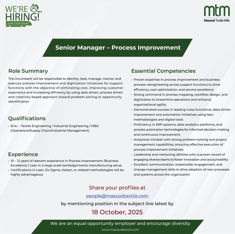 Masood Textile Mills MTM Jobs Senior Manager Process Improvement 1