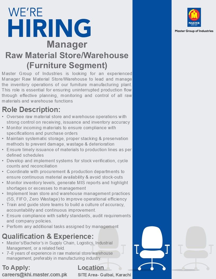 Master Group of Industries Jobs Manager Raw Material Store / Warehouse 1