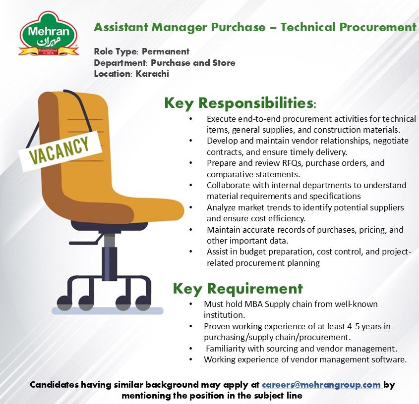 Mehran Group Jobs Assistant Manager Purchase Technical Procurement 1