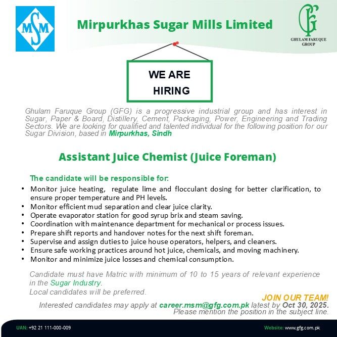 Mirpurkhas Sugar Mills Jobs Assistant Juice Chemist (Juice Foreman) 1