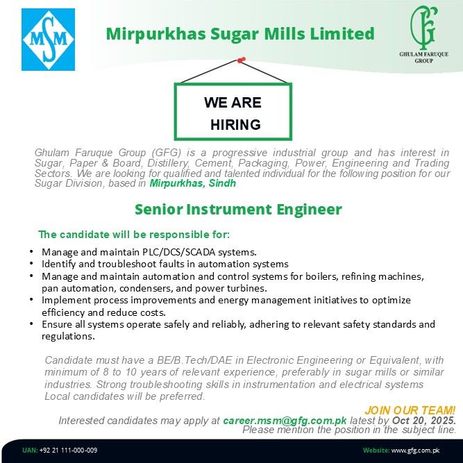 Mirpurkhas Sugar Mills Limited Jobs Senior Instrument Engineer 1