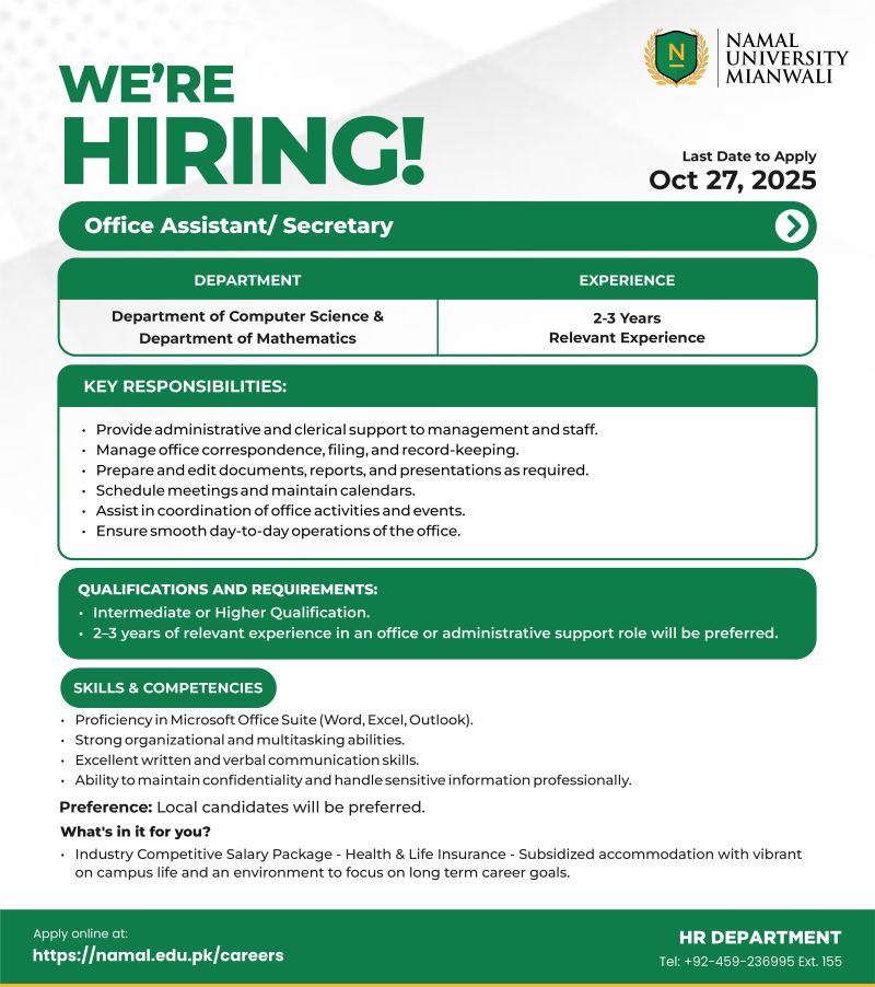 Namal University Jobs Office Assistant / Executive  1