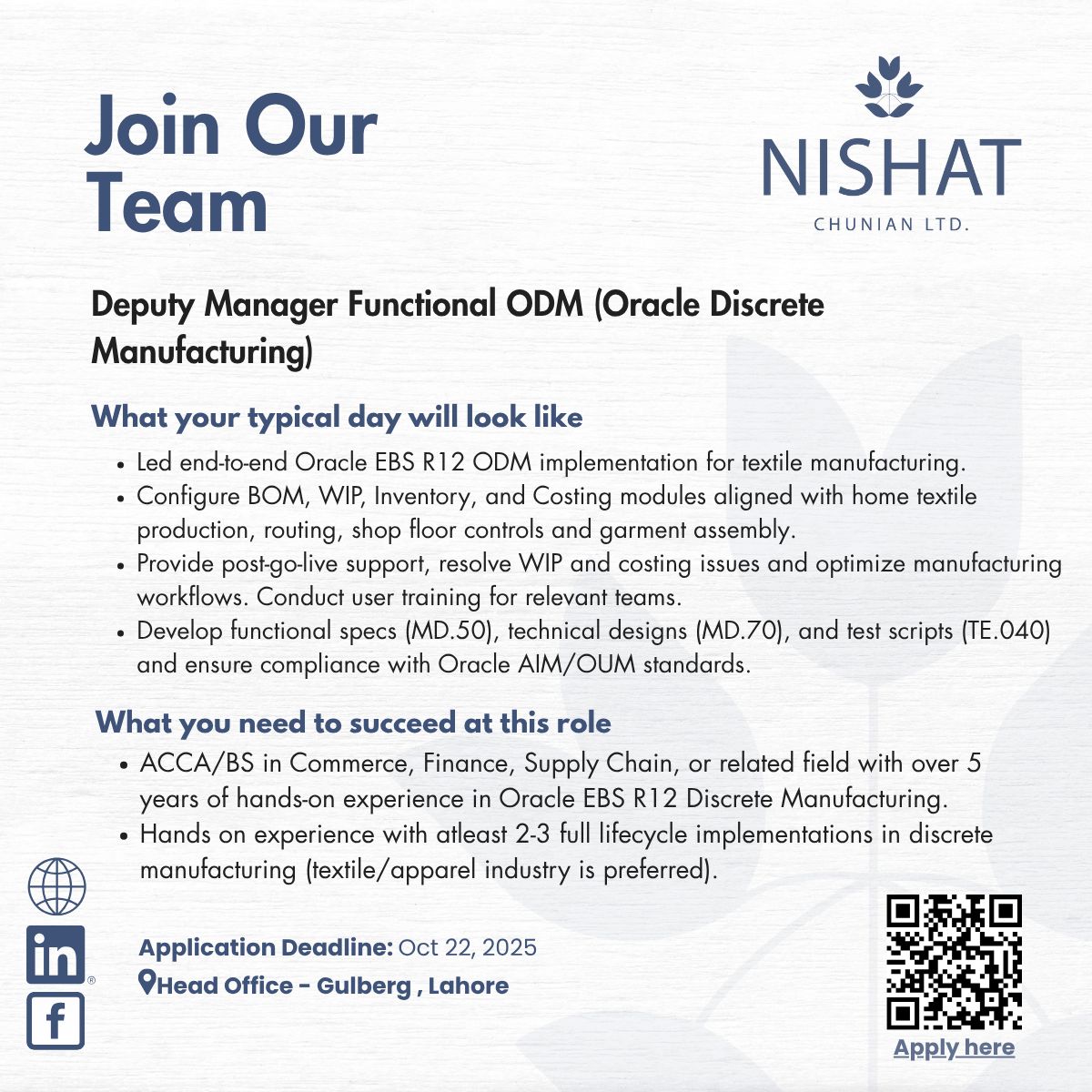 Nishat Chunian Limited Jobs Deputy Manager Functional ODM 1