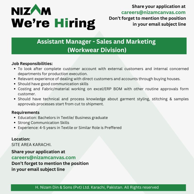 H Nizam Din & Sons Pvt Ltd Jobs Assistant Manager Sales & Marketing 1
