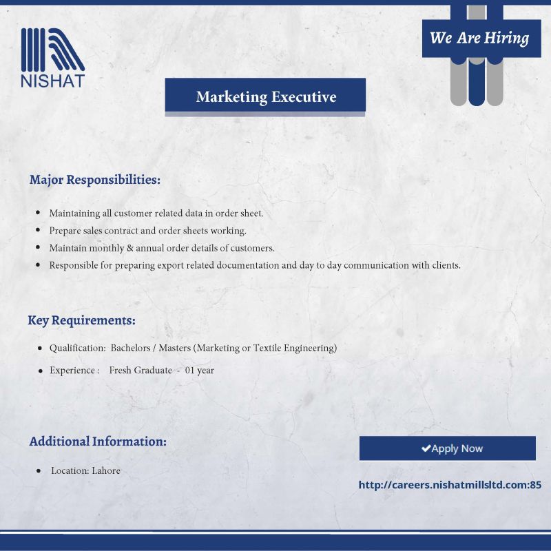 Nishat Mills Limited Jobs Marketing Executive 1