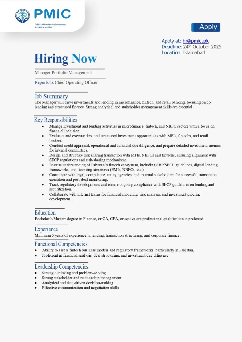 Pakistan Microfinance Investment Company Limited PMIC Jobs Manager Portfolio Management 1