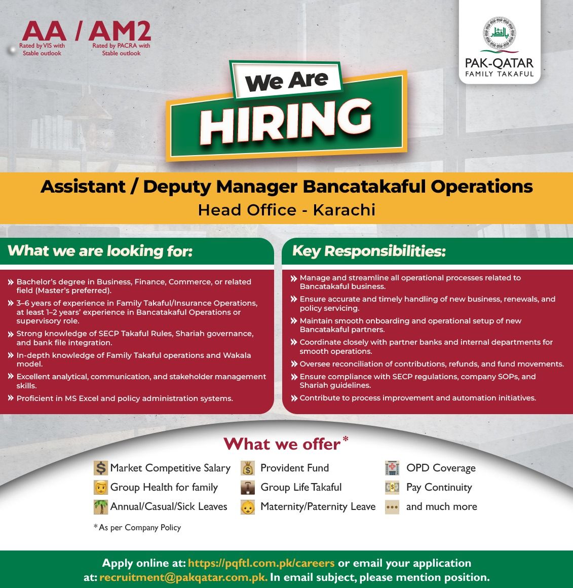 Pak Qatar Family Takaful Jobs Assistant / Deputy Manager Bancatakaful Operations 1