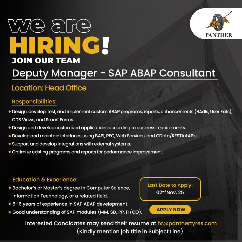 Panther Tyres Limited Jobs Deputy Manager SAP ABAP Consultant 1