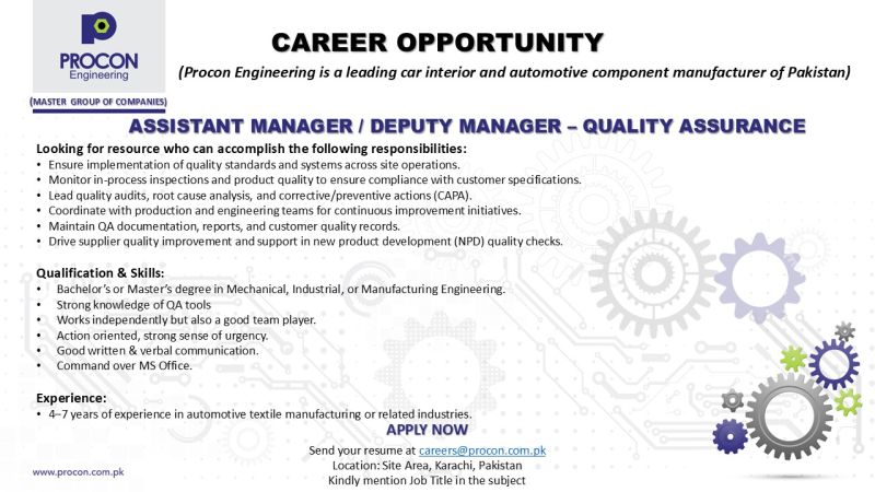 Procon Engineering Pvt Ltd Jobs Assistant Manager / Deputy Manager Quality Assurance 1