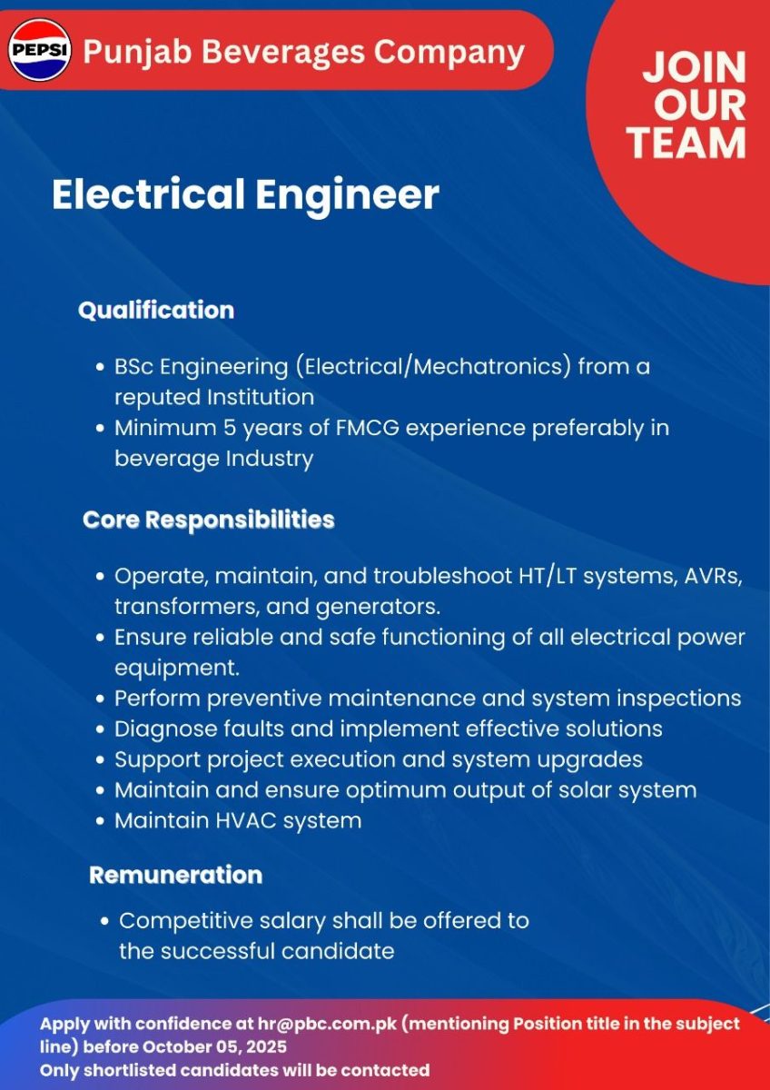 PEPSI Punjab Beverages Company Jobs Electrical Engineer 1