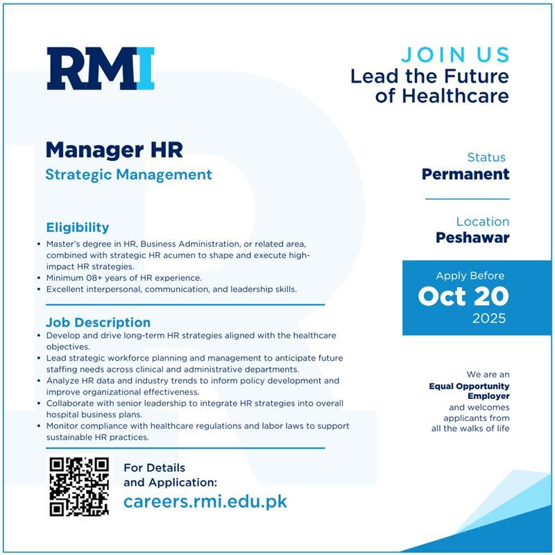 Rehman Medical Institute RMI Jobs Manager HR 1