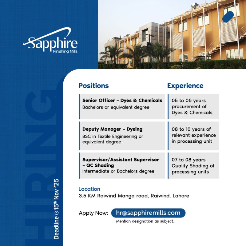 Sapphire Finishing Mills Jobs October 2025 1