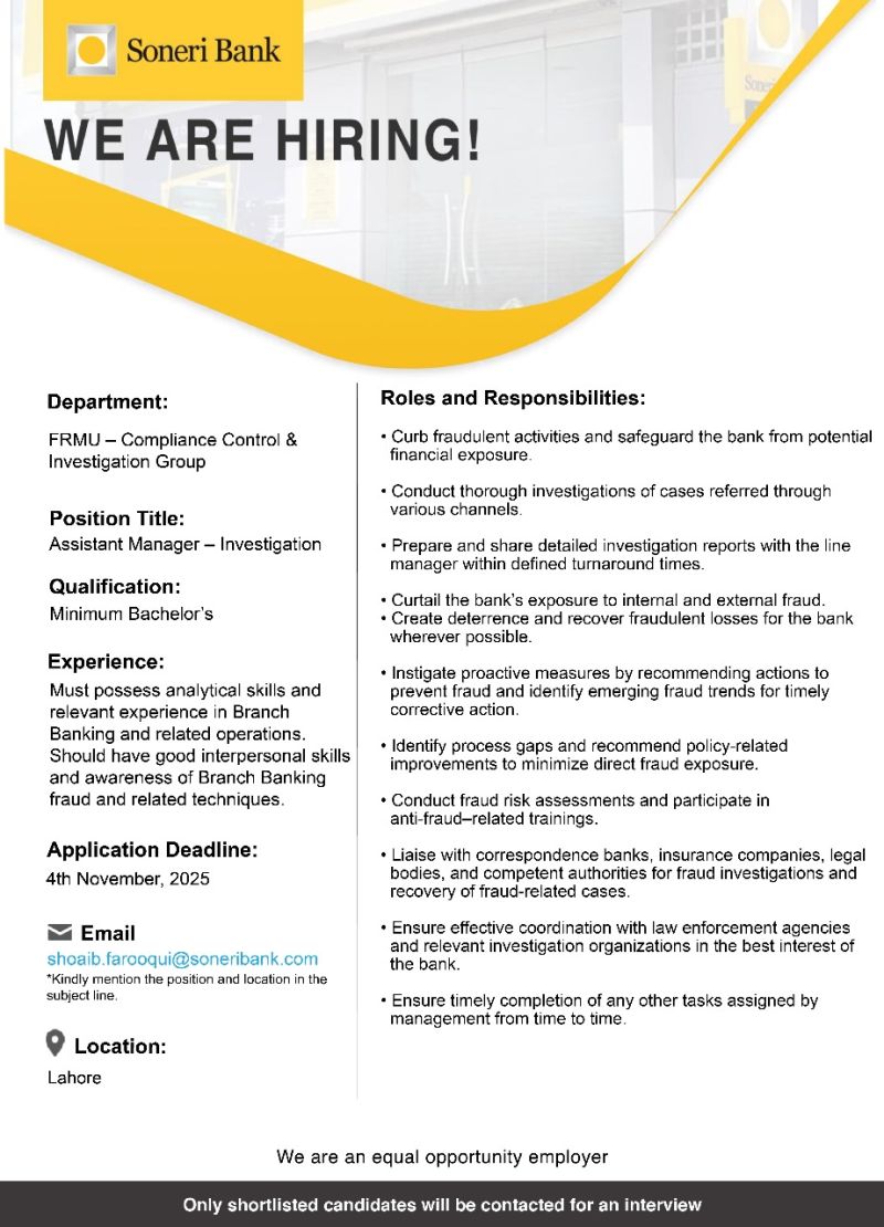 Soneri Bank Limited Jobs Assistant Manager Investigation Compliance Control & Investigation 1