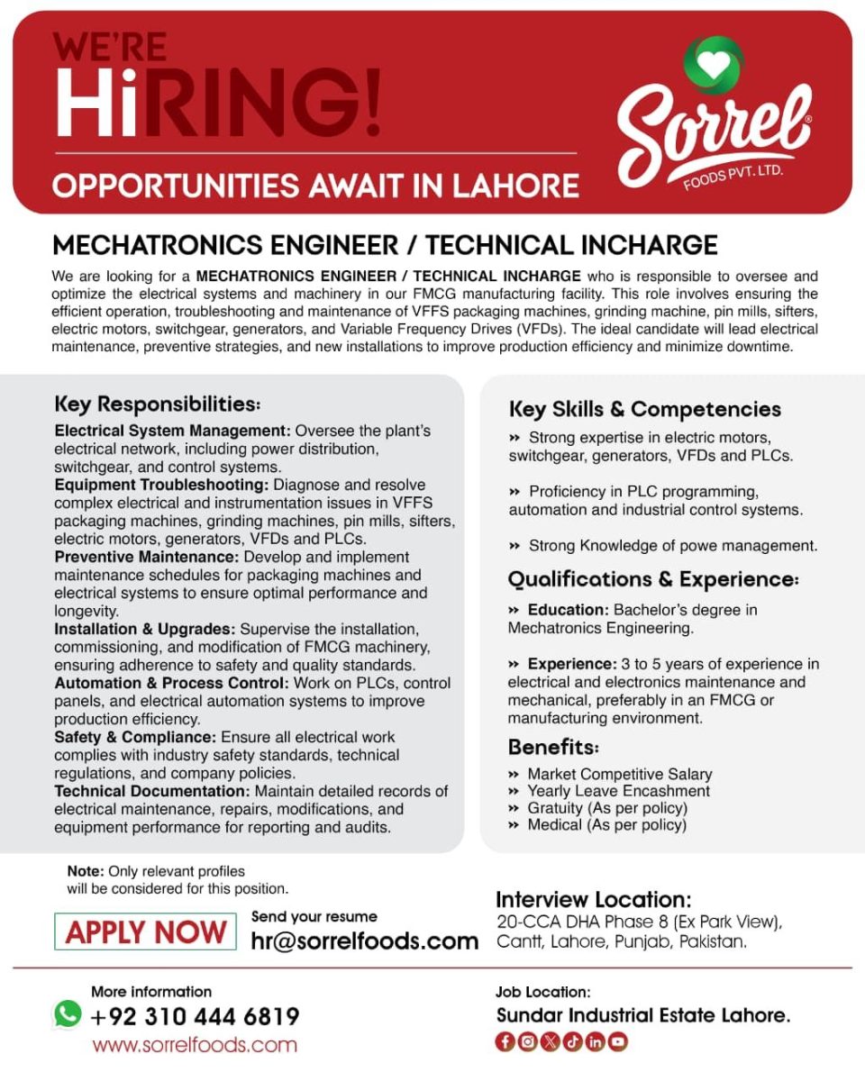Sorrel Foods Private Limited Jobs Mechatronics Engineer / Technical Incharge 1