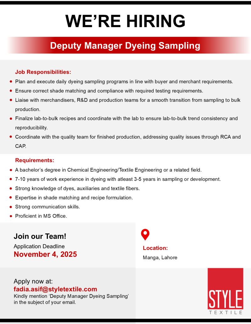 Style Textile Pvt Ltd Jobs Deputy Manager Dyeing Sampling 1
