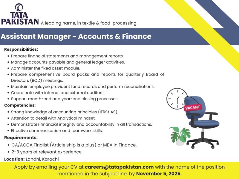 Tata Pakistan Jobs Assistant Manager Accounts & Finance 1