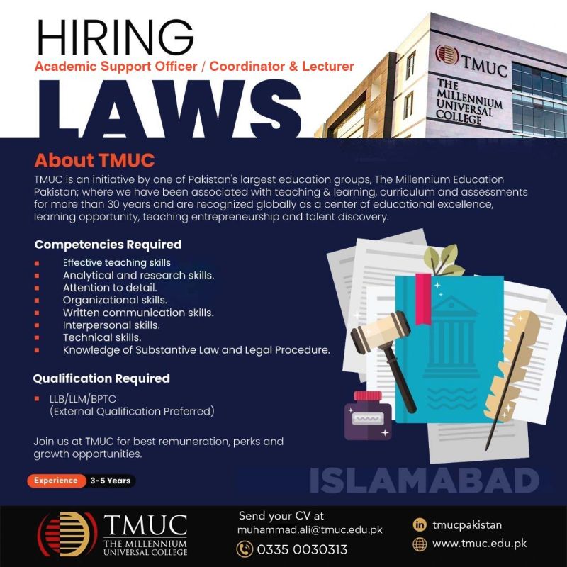 The Millennium Universal College TMUC Jobs Academic Support Officer / Coordinator & Lecturer LAWS 1