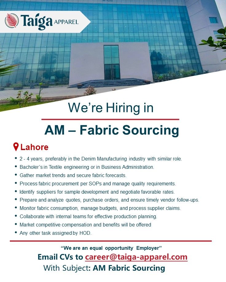 Taiga Apparel (Private) Ltd Jobs AM Fabric Sourcing 1