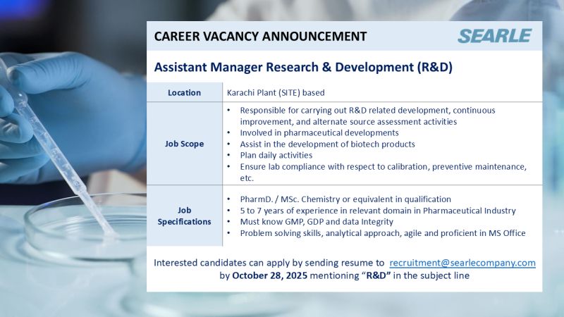 The SEARLE Company Jobs Assistant Manager Research & Development (R&D) 1
