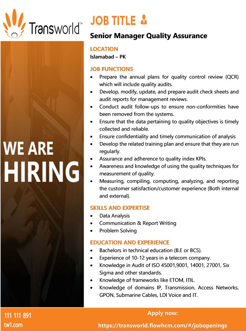 Transworld Associates Jobs Senior Manager Quality Assurance (QA) 1