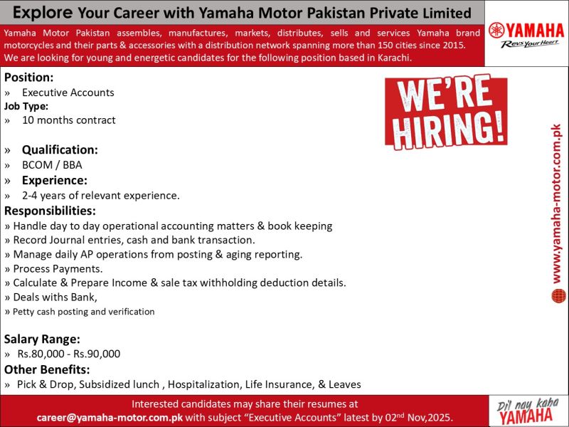 Yamaha Motor Pakistan Private Limited Jobs Executive Accounts  2