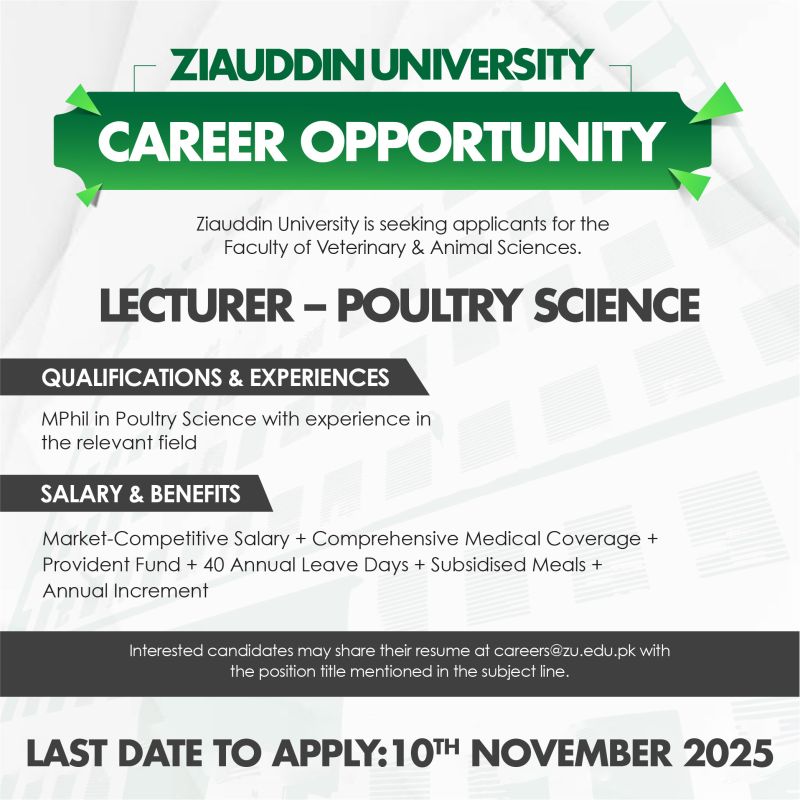 Ziauddin University Jobs Lecturer Poultry Science 1