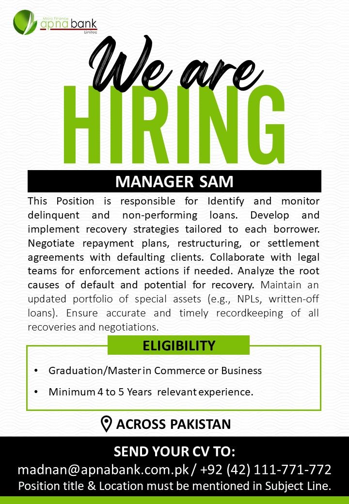 APNA Microfinance Bank Limited Jobs SAM Officer 2